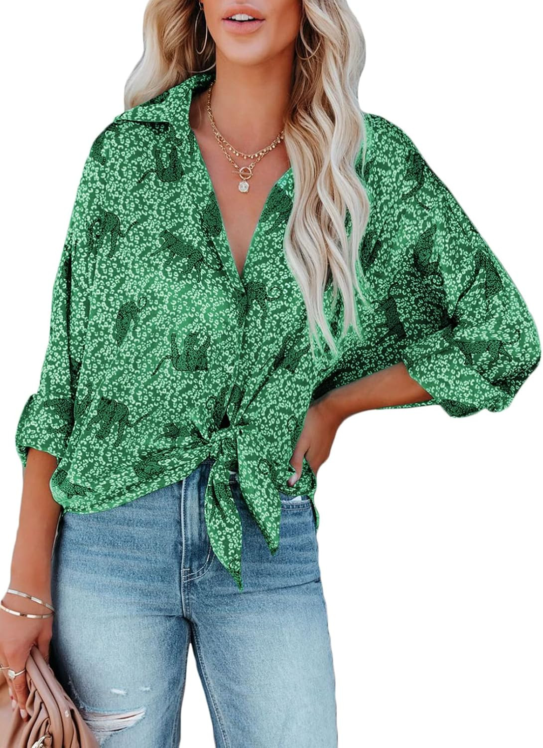 EVALESS Blouses for Women V Neck Long Sleeve Shirts Front Tie Button Down Tops | Amazon (US)