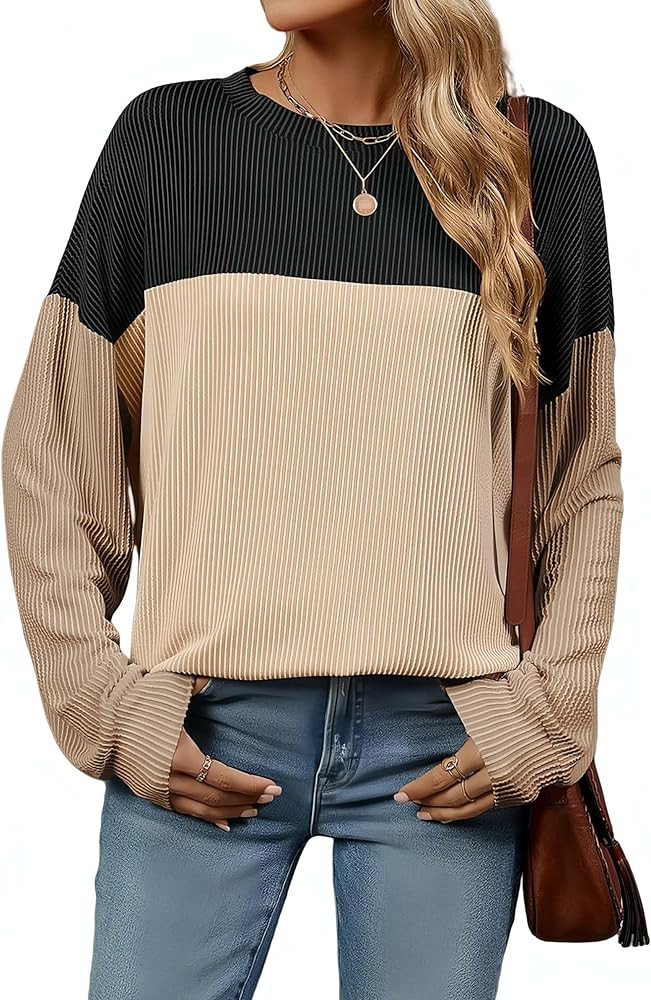 Womens Fashion 2024 Color Block Long Sleeve Crewneck Knitted Ribbed Shirts Loose Tunic Tops Casua... | Amazon (US)