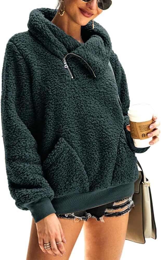 KIRUNDO 2022 Fall Winter Women's Lapel Fuzzy Fleece Sweatshirt Faux Shearling Zip Warm Sherpa Pul... | Amazon (US)