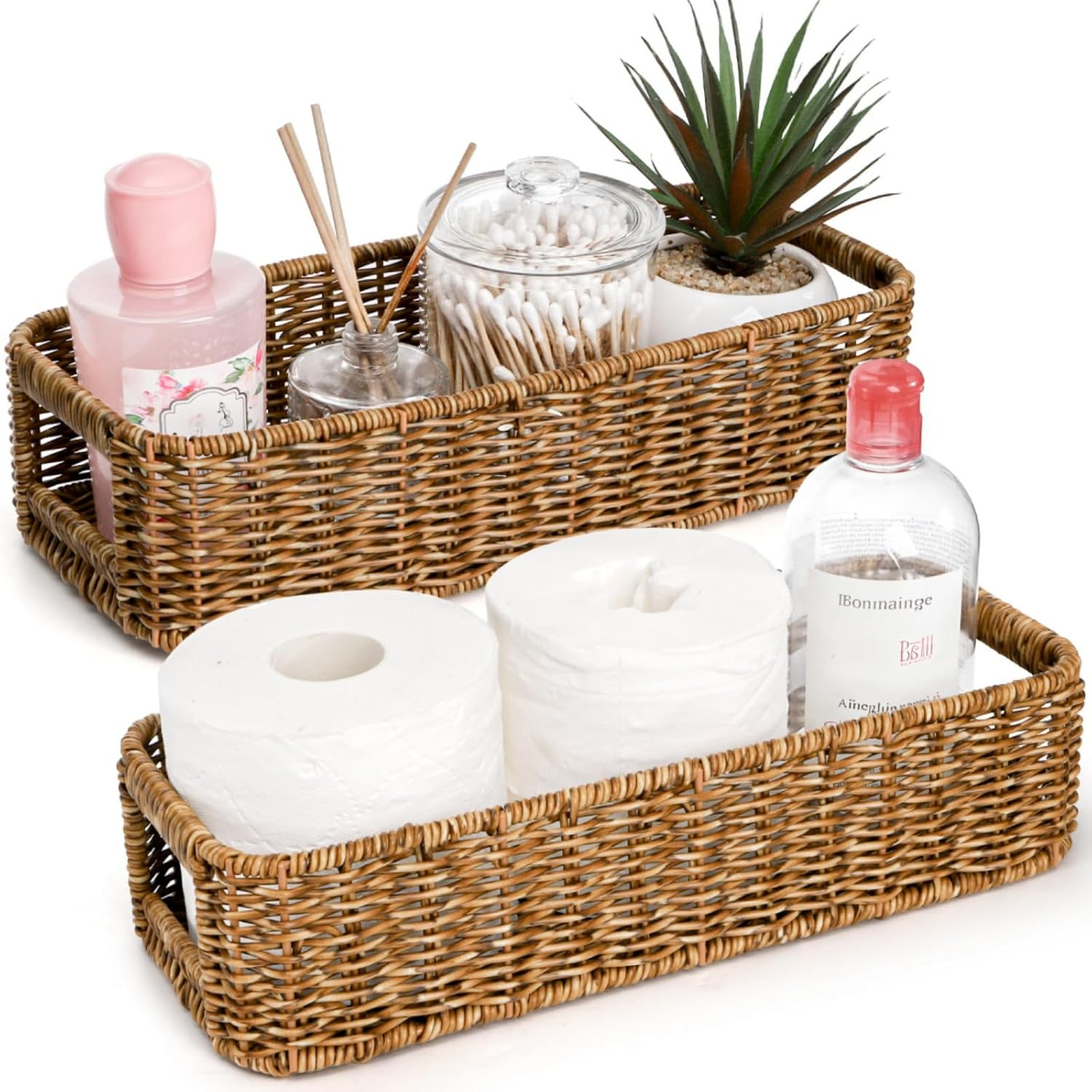 ZAVOOS 2 Pack Toilet Tank Basket, Handwoven Rectangular Wicker Shelf Baskets for Organizing, Decorative Countertop Storage Bin with Built-in Handle for Bathroom Tank Top, Bedroom Closet | Amazon (US)