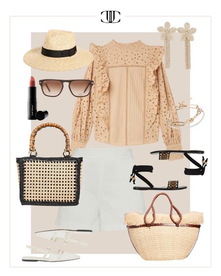 Embroidered blouse, top, blouse, button-up shirt, sandals, tote bag, sunglasses, sun hat, summer outfit, summer look, casual look, travel look

#LTKover40 #LTKshoecrush #LTKstyletip