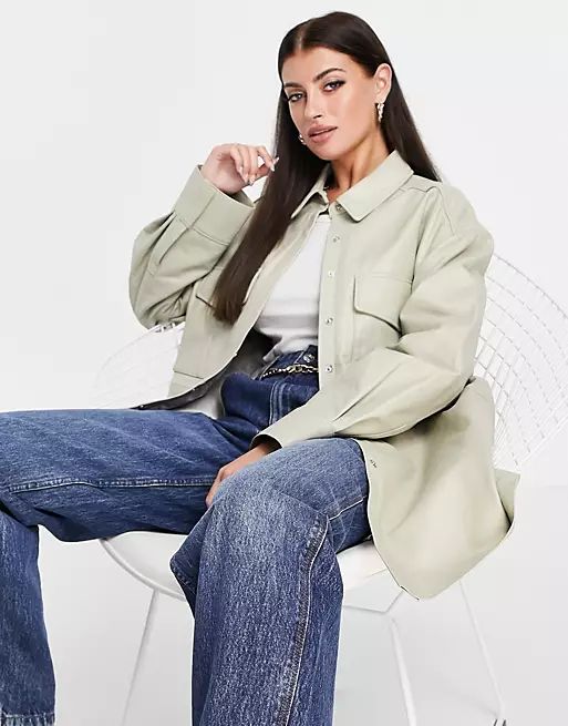 ASOS EDITION leather shacket in stone | ASOS (Global)