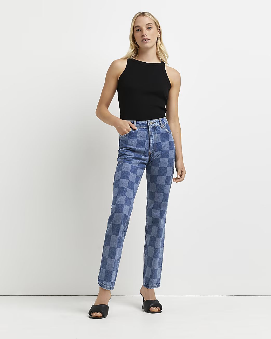 Blue checkerboard high waisted straight jeans | River Island (UK & IE)