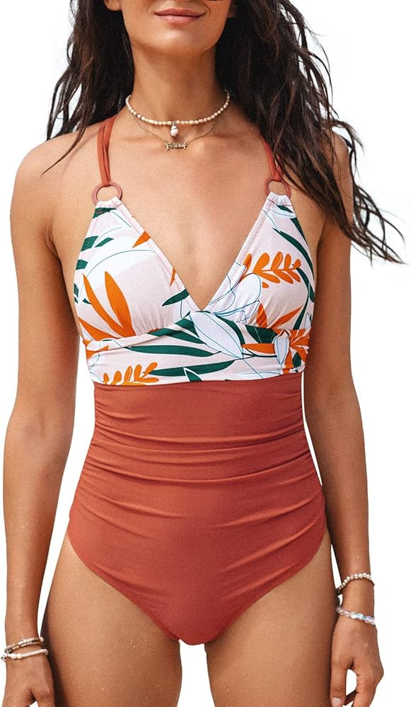 CUPSHE Women's Floral O-Ring Criss Cross One Piece Swimsuit V Neck Padded Bathing Suit | Amazon (US)