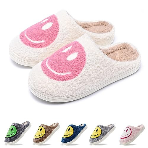 rosyclo Smile Face Slippers Retro Soft Plush Cozy House Slippers Slip-on Fluffy Indoor Outdoor Smile Slippers for Women and Men (White-pink, 48-49) | Amazon (US)