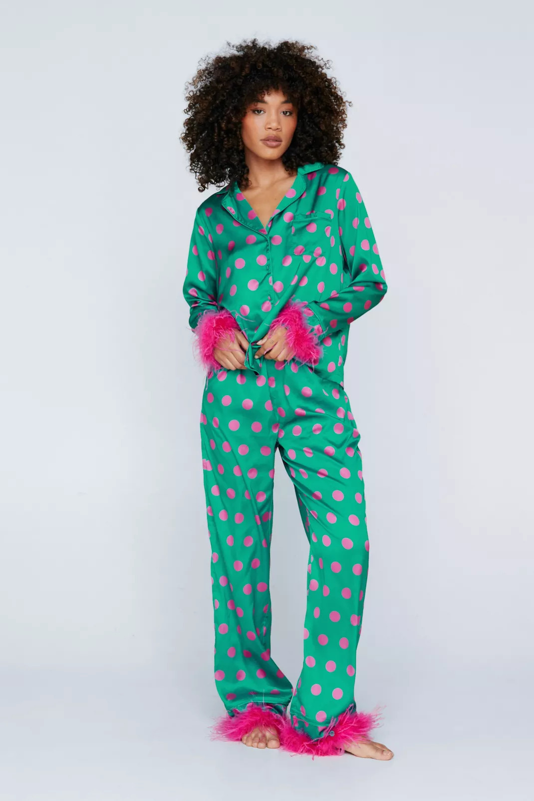 Polka Dot Feather Trim Shirt & Pants Pajama Set | Nasty Gal US