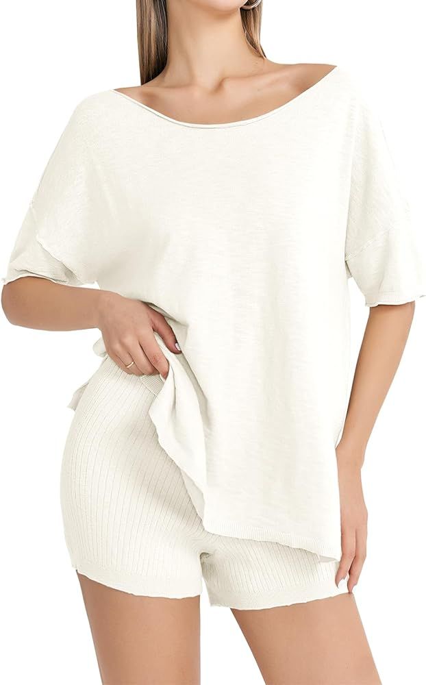 Tankaneo Women Pajamas 2 Piece Lounge Sets Knit Matching Outfits Casual Off Shoulder T-Shirts Sum... | Amazon (US)