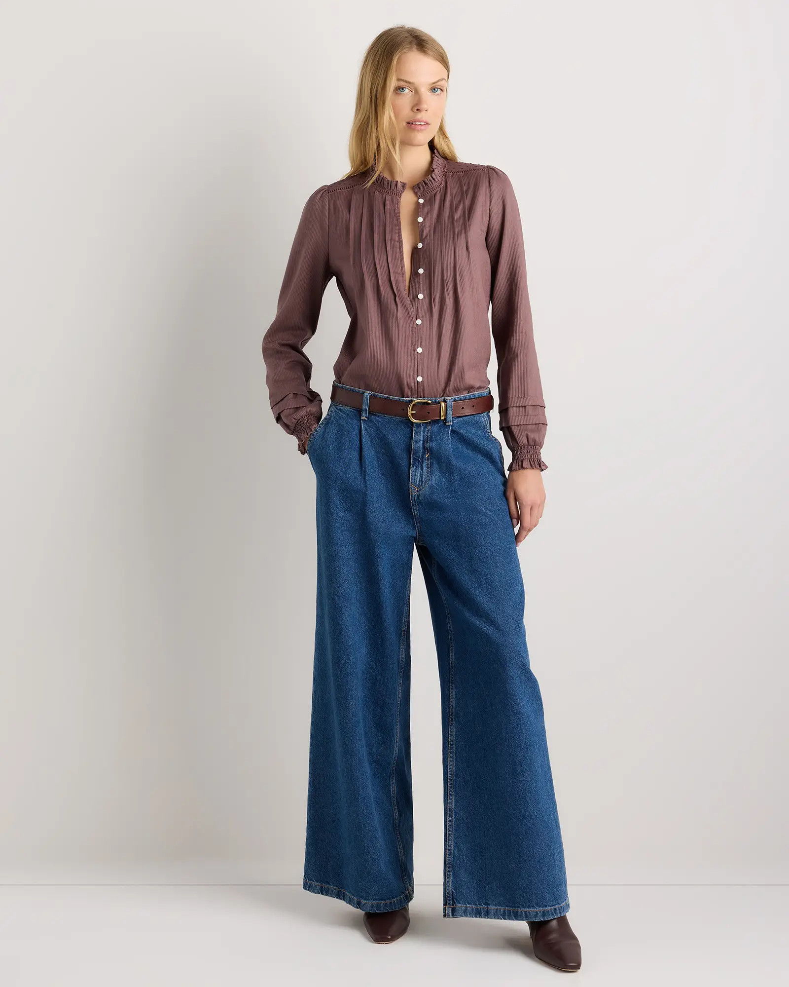 Organic Textured Cotton Peasant Blouse in Taupe Brown | Quince