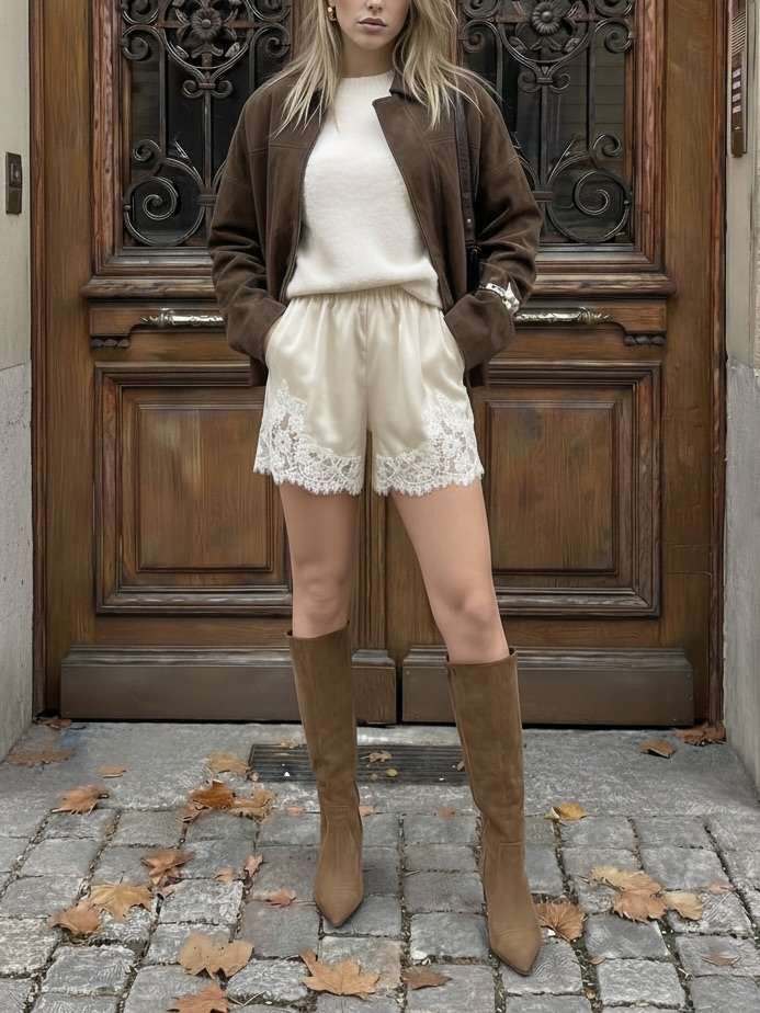 Satin Satin Mid Rise Solid Elastic Waist Floral Lace Shorts For Daily Casual | Cider