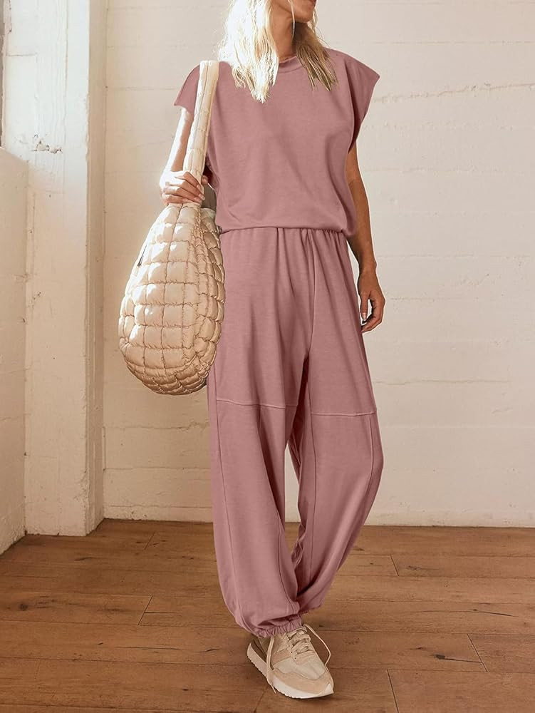 Glamaker Women's 2 Piece Outfits Fashion Sleeveless Crewneck Sweatsuits Loose Fit Top High Waist ... | Amazon (US)