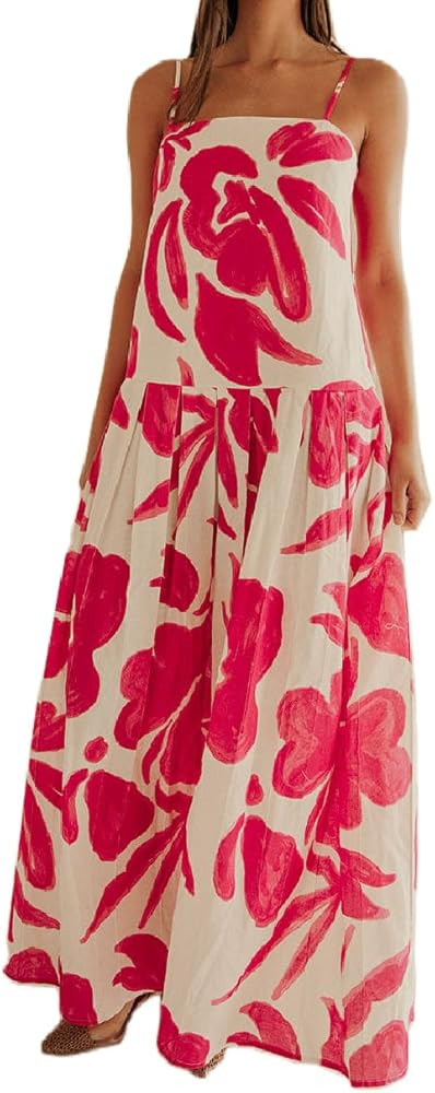 Women Bohemian Graphic Maxi Dress Spaghetti Strap Flowy Cami Dress Floral Tiered Sundress Y2K Sum... | Amazon (US)