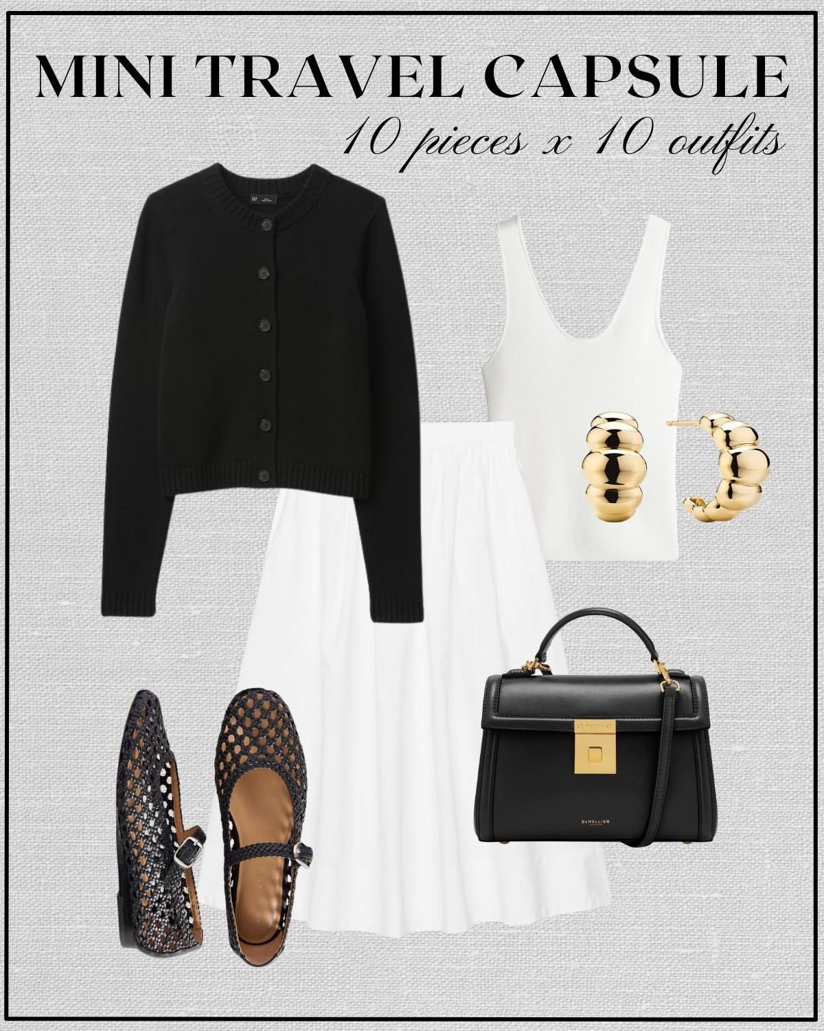 10x10 mini travel capsule: Paris edition 

Black cardigan / white cami / white poplin skirt / black mesh ballet flats / Demellier purse / gold earrings / Parisian style / France / summer style 

#LTKStyleTip #LTKTravel