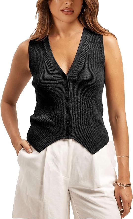 IQSQSQ Sweater Vest Women Casual V Neck Button Down Sleeveless Knit Cardigan Vest Tank Tops Stree... | Amazon (US)