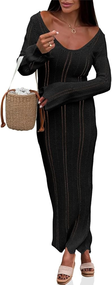 Saodimallsu Womens Crochet Maxi Dress Bell Long Sleeve Sexy V Neck Bodycon Backless Knit Dresses ... | Amazon (US)