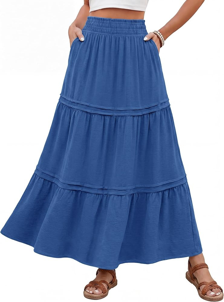 Simplee Womens Maxi Skirt Summer Long Flowy Tiered High Waisted A Line Smocked Beach Vacation Boh... | Amazon (US)