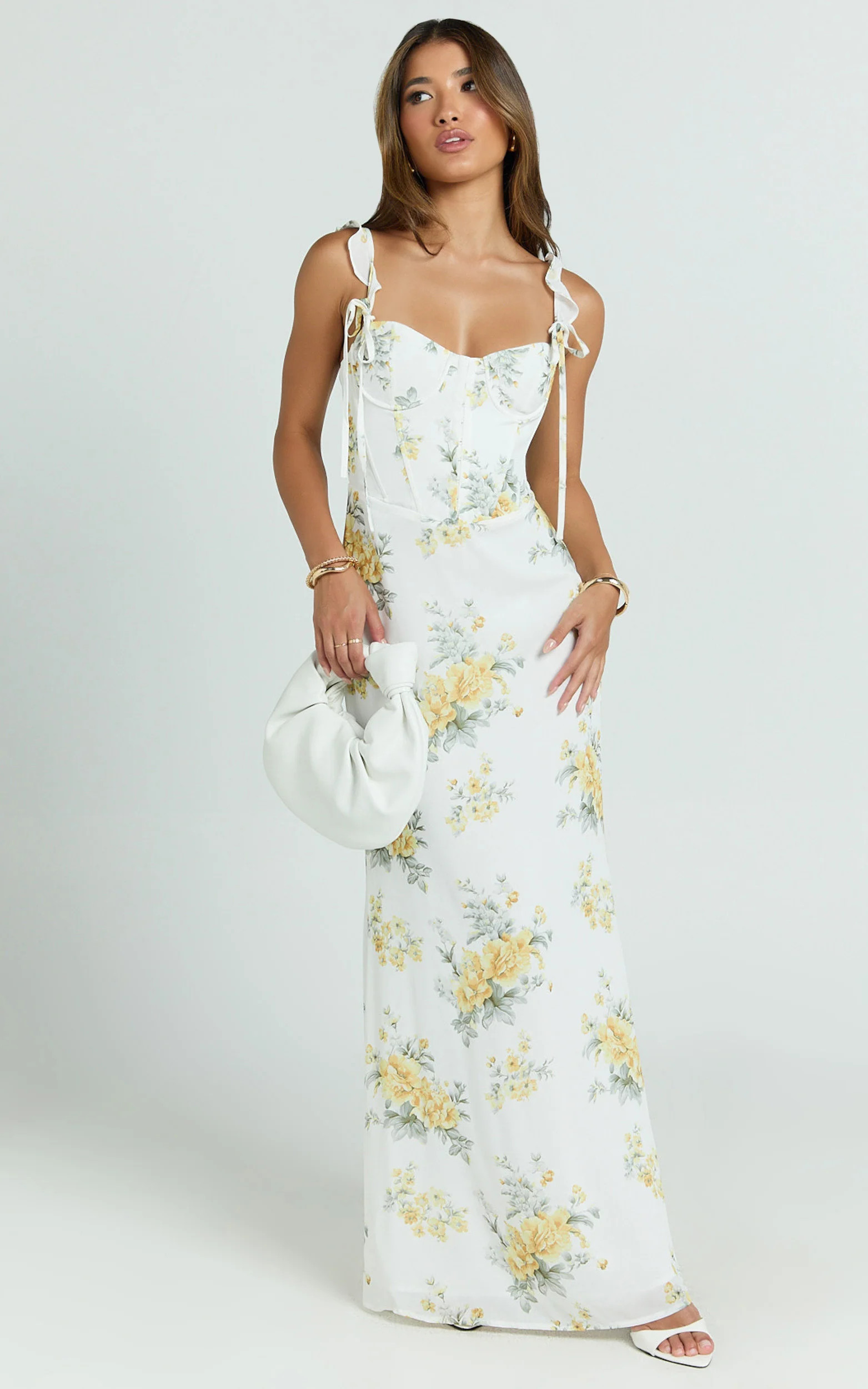 Mabel Maxi Dress - Georgette Frill Sleeve Sweetheart Bias Cut Dress in Antique Florals | Showpo (US, UK & Europe)