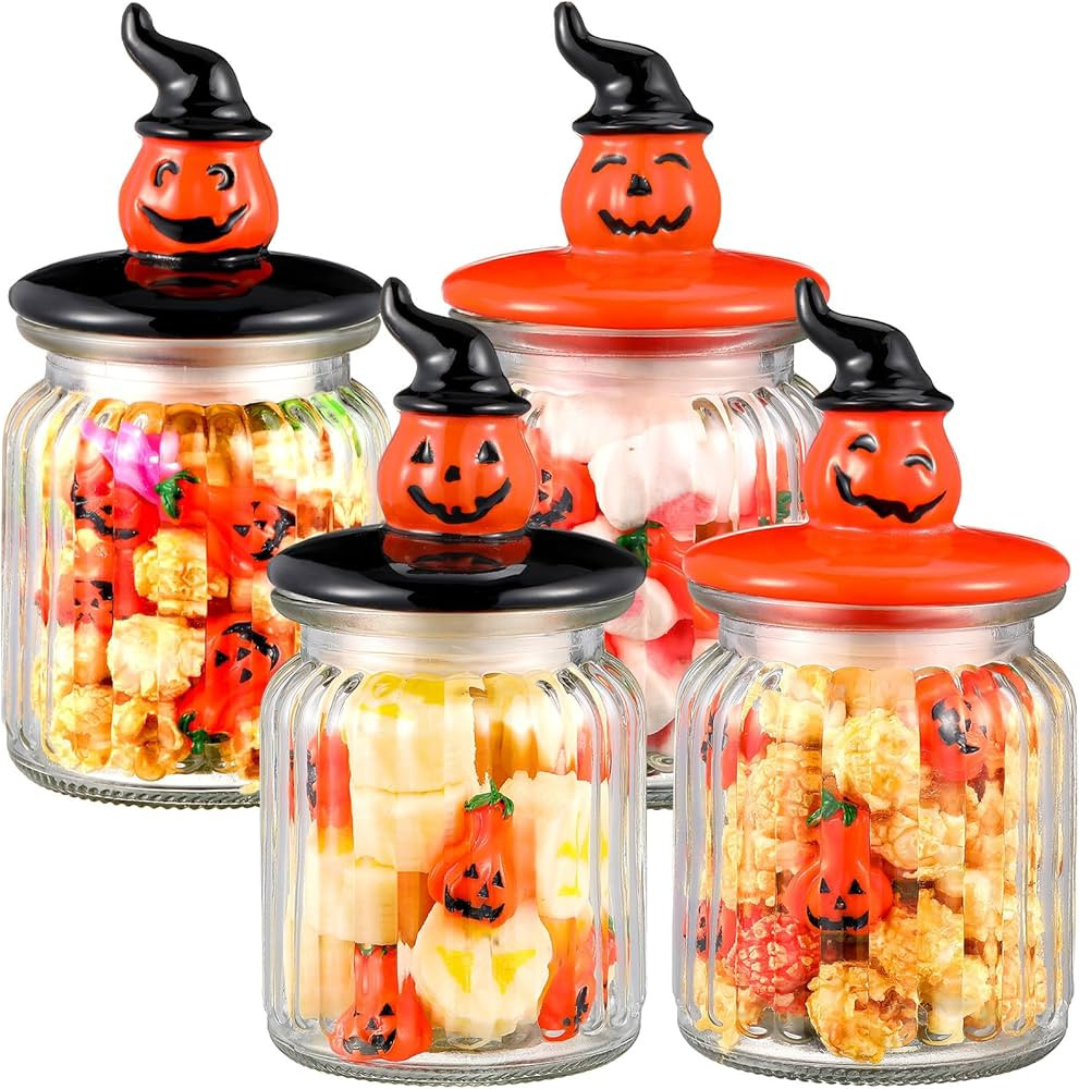Nitial 4 Pcs Halloween Pumpkin Glass Jar with Cap 7.8 oz Witch Hat Pumpkin Clear Candy Jar Decora... | Amazon (US)