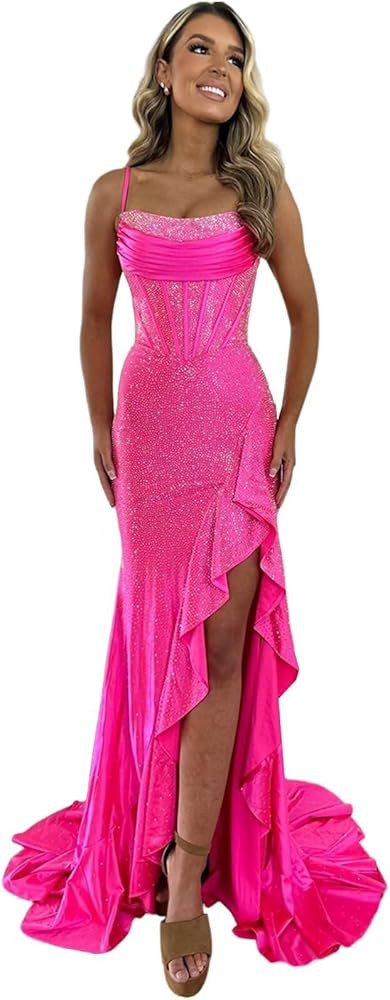 Wchecalino Mermaid Prom Dresses Sparkly 2026 Teens Long Hot Pink Sequin Beaded Ruffle Corset Form... | Amazon (US)