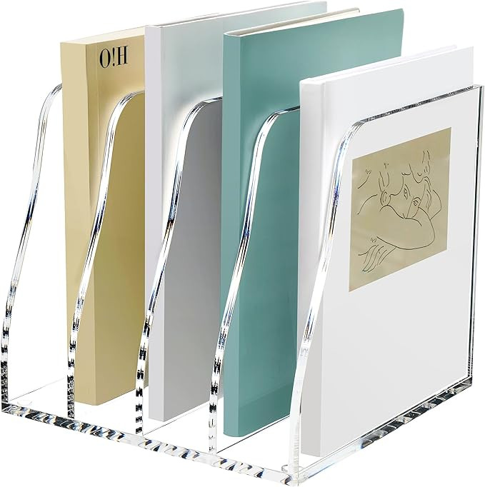 SANRUI Acrylic Desk File Organizer, 4 Vertical Compartments Clear Magazine File Holder Workspace ... | Amazon (US)