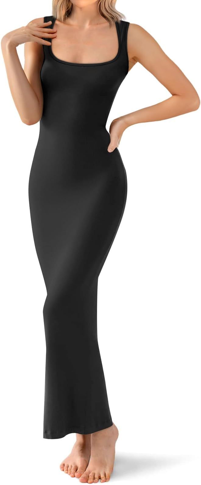 OFEEFAN Women's Square Neck Bodycon Maxi Dress Ribbed Sleeveless Long Dress | Amazon (US)