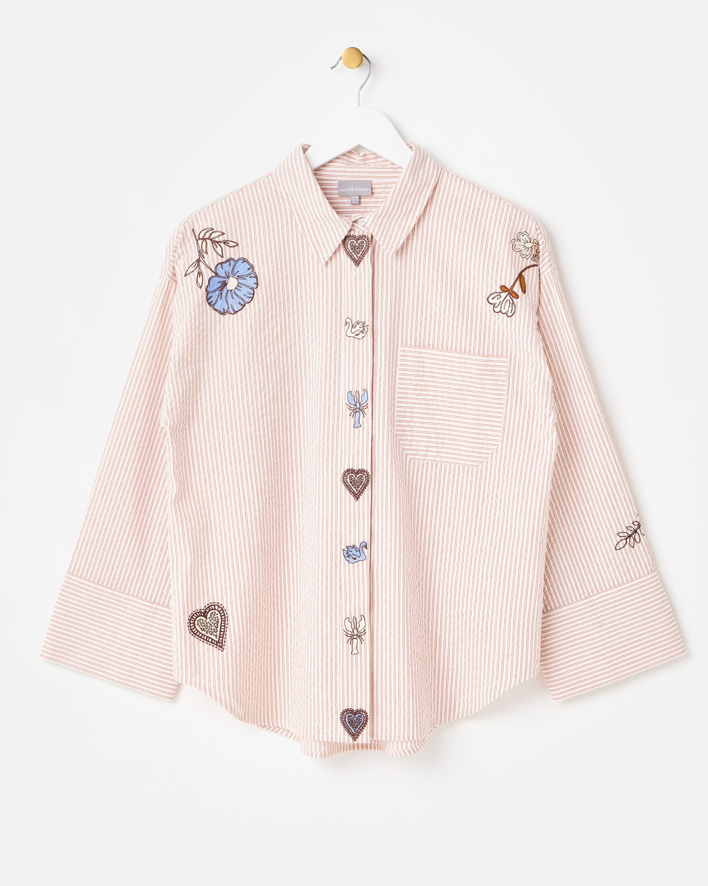 Brown & White Striped Embroidered Wide Cuff Shirt | Oliver Bonas | Oliver Bonas (Global)