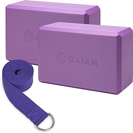 Gaiam Essentials Yoga Block 2 Pack & Yoga Strap Set, Deep Purple, 9"W x 6"H x 4"D | Amazon (US)