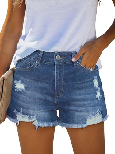 MixShe Womens Mid-High Waisted Ripped Denim Jean Shorts Stretchy Distressed Cutoff Summer Shorts | Amazon (US)