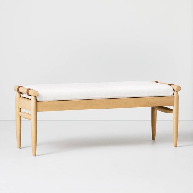 Upholstered Natural Wood Accent Bench Oatmeal - Hearth &#38; Hand&#8482; with Magnolia | Target