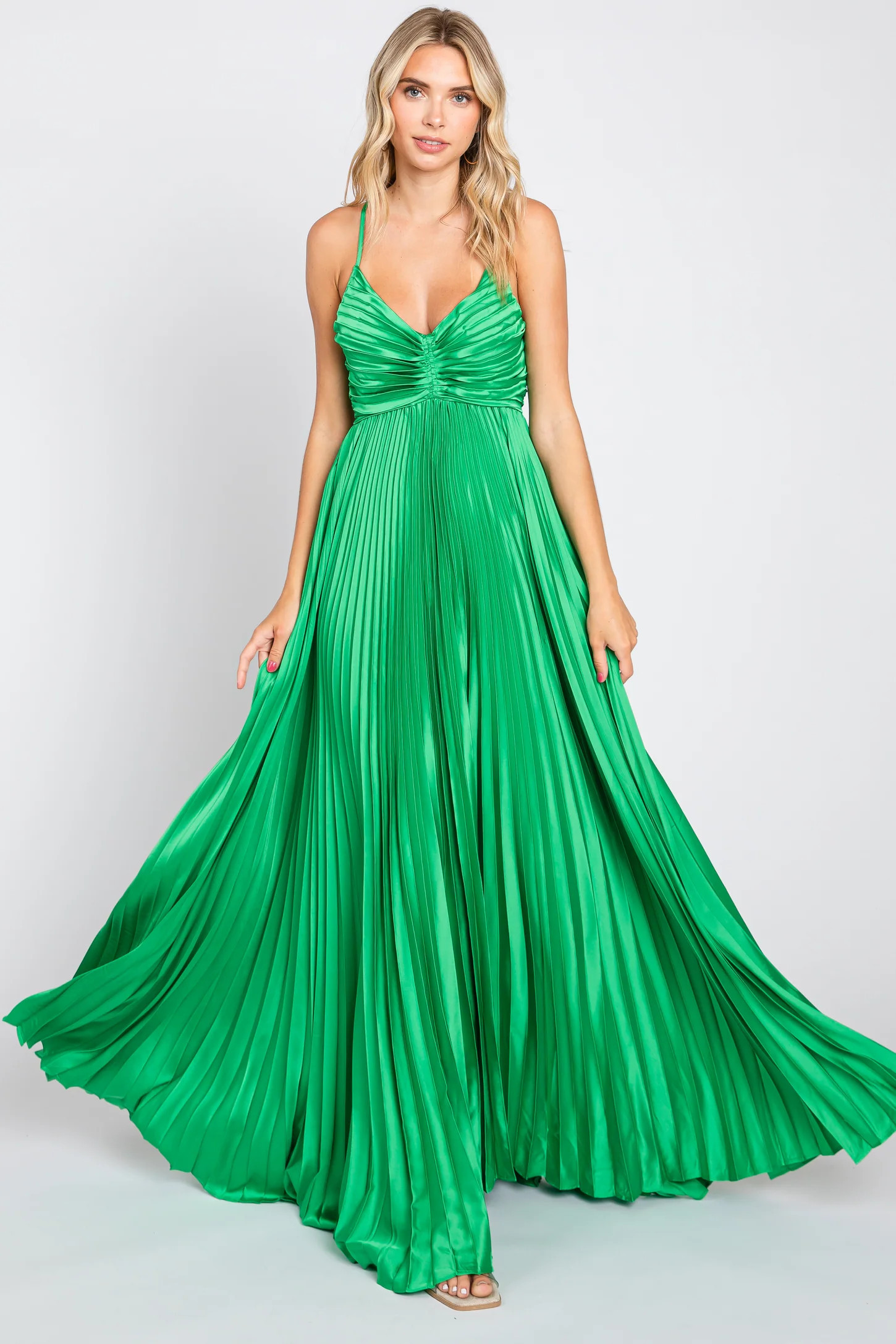 Green Satin Pleated Cutout Gown | PinkBlush Maternity