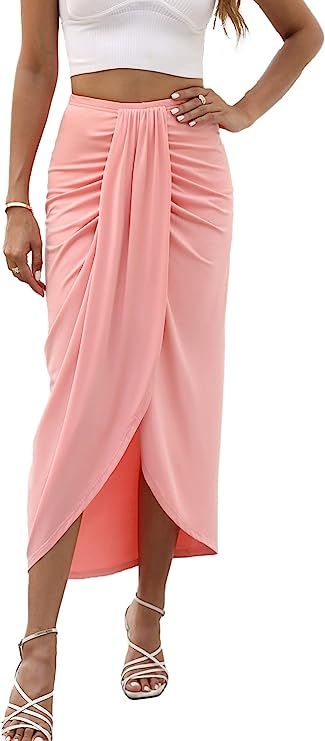 POGTMM Women's Split Long Skirt Asymmetrical High Waisted Double Layer Casual Beach Cover up Warp... | Amazon (US)