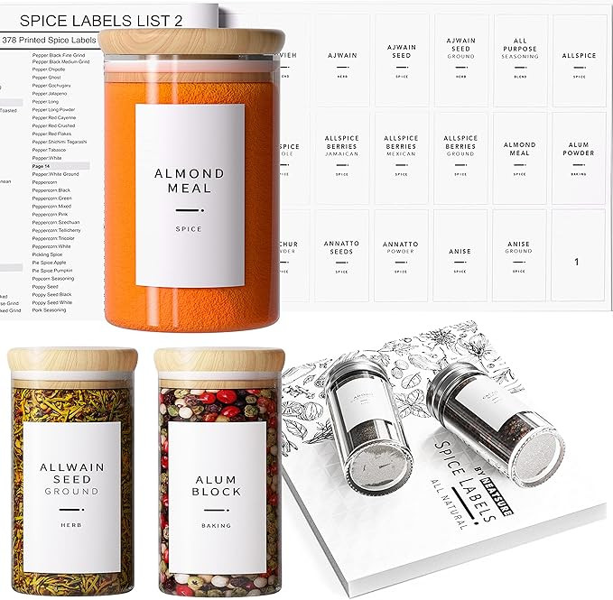 400 Minimalist Spice Labels, Preprinted Stickers Booklet, Black Text on White Waterproof Matte Ba... | Amazon (US)