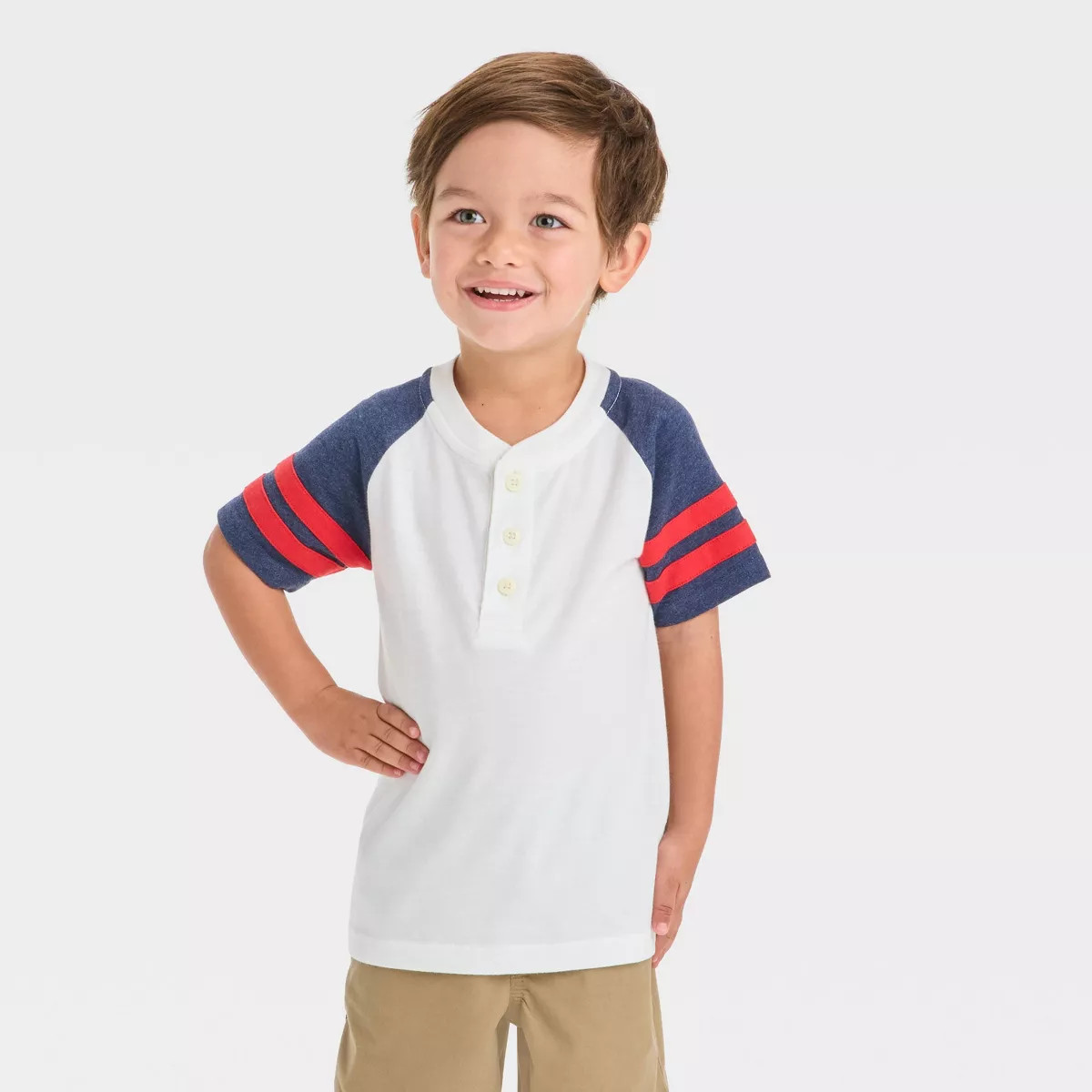 OshKosh B'gosh Toddler Boys' Short Sleeve Henley T-Shirt - Cream/Navy Blue | Target