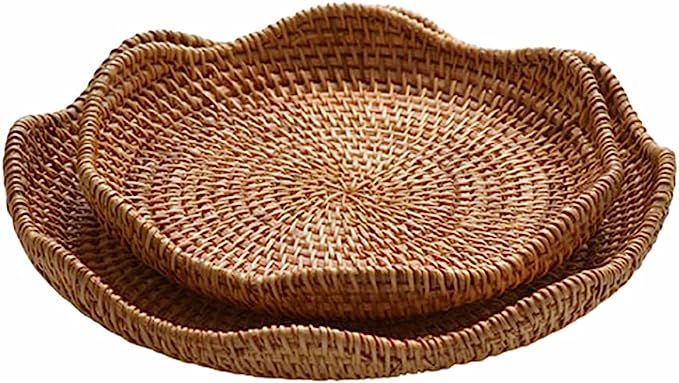 Hand-Woven Rattan Fruit Tray Storage Bread Basket Serving Tray Home Decoration Food Serving Platt... | Amazon (US)