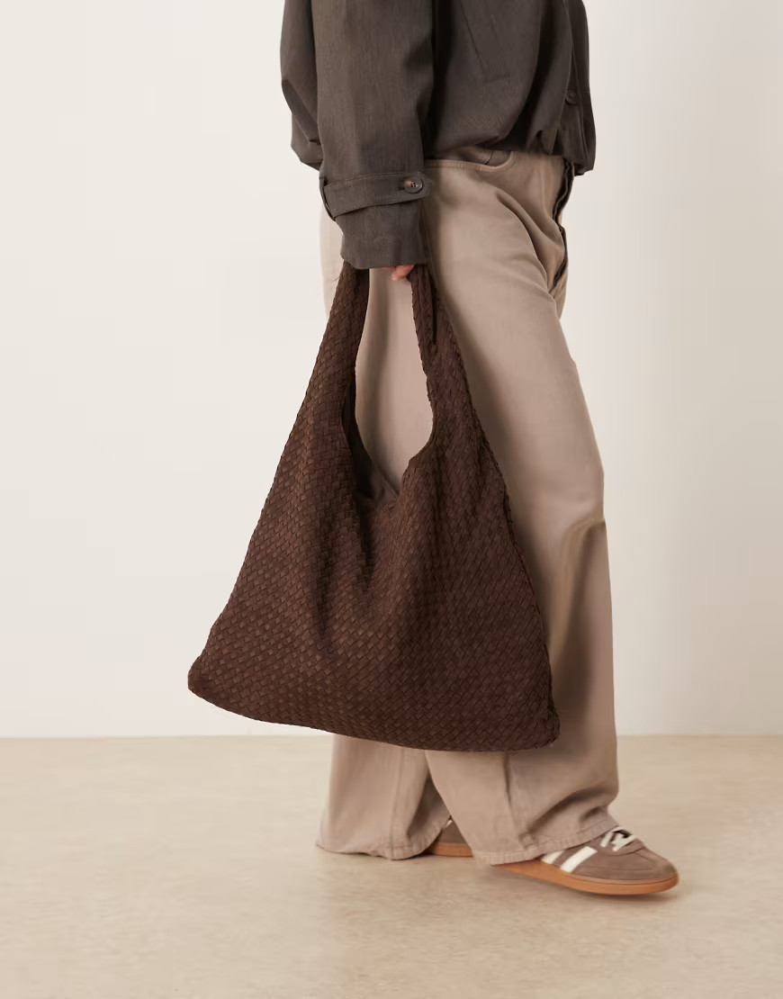 Gina Tricot large slouchy faux suede braided woven shoulder bag in dark brown | ASOS (Global)