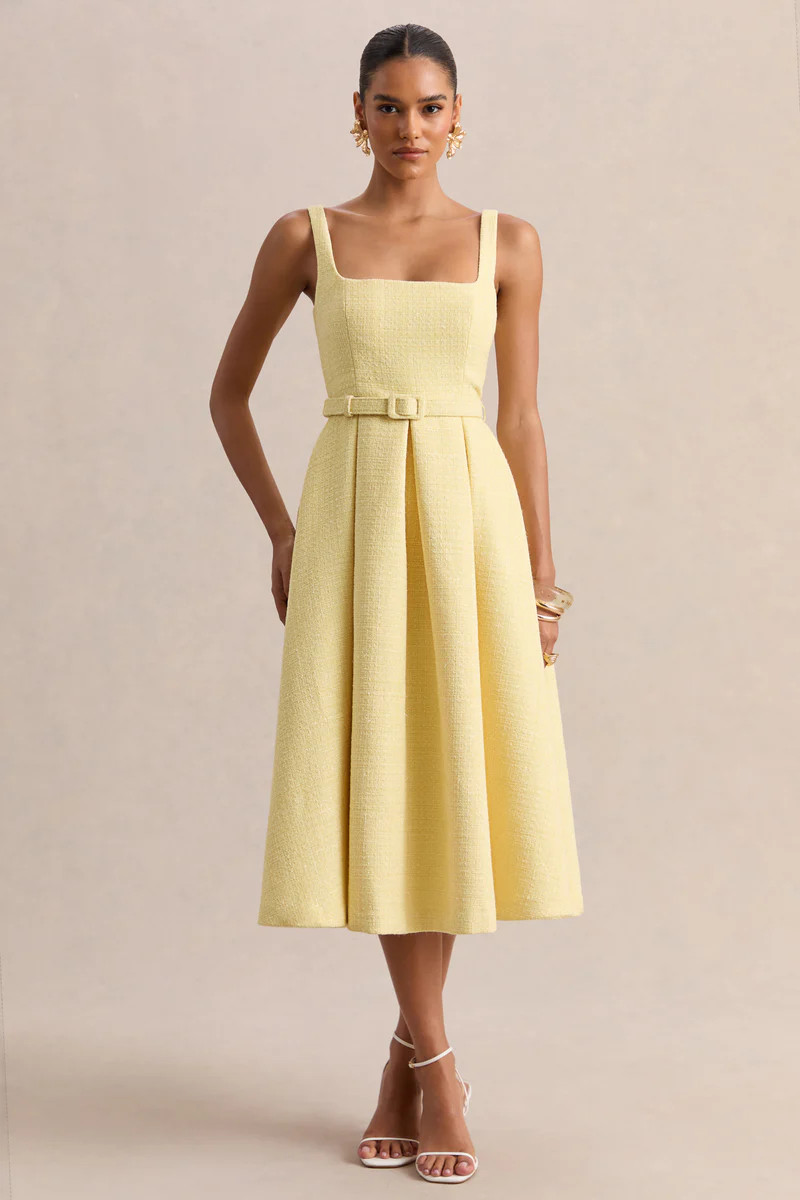 Camoria  Lemon Boucle Square-Neck Midi Dress | Club L London
