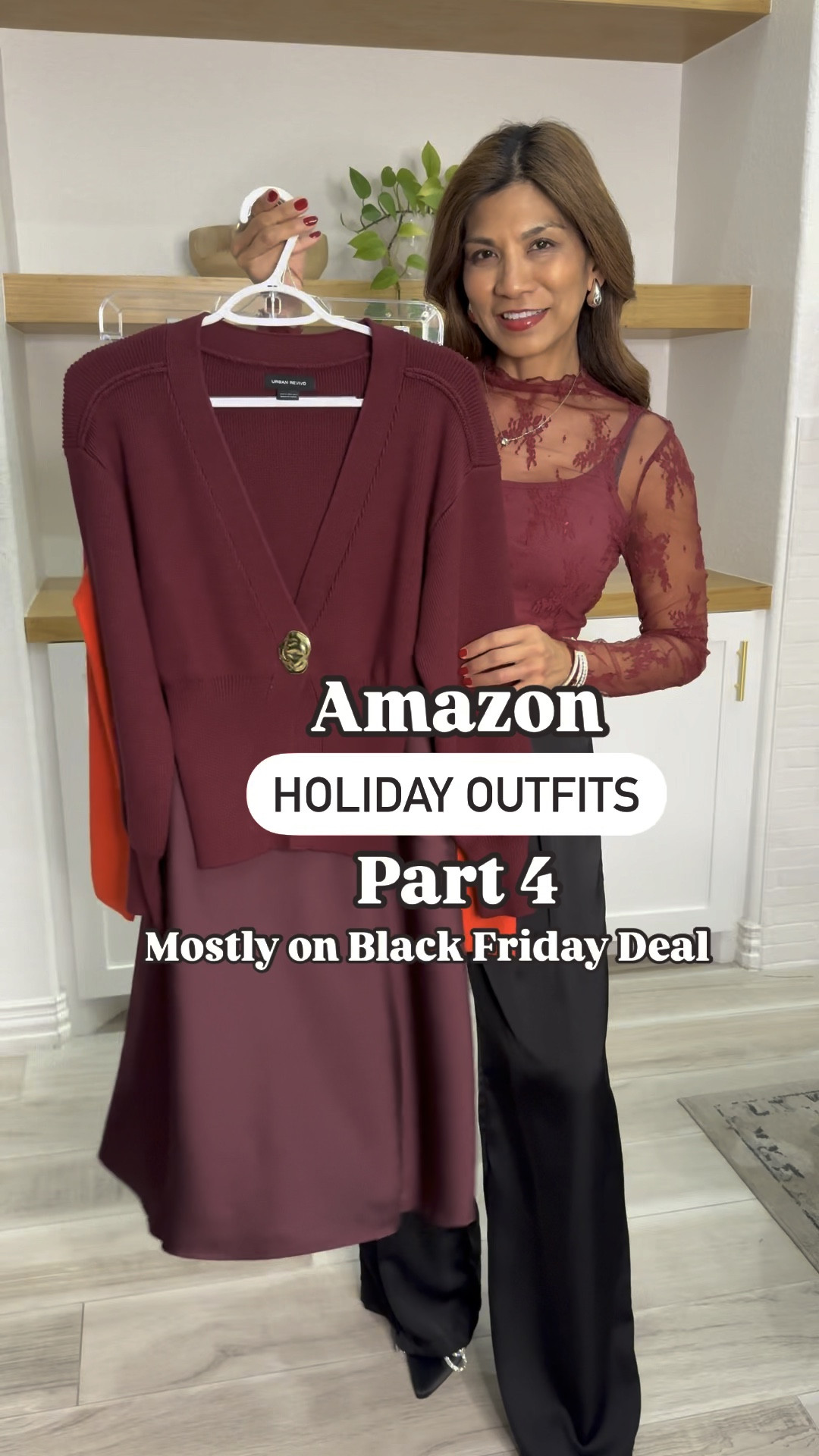 Holiday Outfits, first 2 outfits can be for Thanksgiving too.
Outfit 1: cardigan sweater in XS(if in b/w size up): so beautiful and luxe. Satin skirt in burgundy in XS: it’s from Target and linked(linked similar on Amazon). Cami in small;shoes tts.
Outfit 2: sheer lace top in small; cami in small; satin pants in small: shoes tts.
Outfit 3: Cream sweater in XS(it’s from Abercrombie and linked but also linked similar Amazon): red skort in XXS(size down runs big); fleece-lined tights in S-M color is Black-Coffee(looove); suede boots tts.
Outfit 4: red cardigan with bows in small(wearing bandeau underneath); Abercrombie jeans fit tts wearing 26 in extra short length. Shoes tts.
All bags and accessories are linked. For the silver bag, you have to buy the chain separately. 
Amazon finds, Thanksgiving outfits; holiday shopping, fall outfits, date night outfits, fashion over 50, midlife fashion, petite fashion, style over 40.

#LTKStyleTip #LTKCyberWeek #LTKHoliday