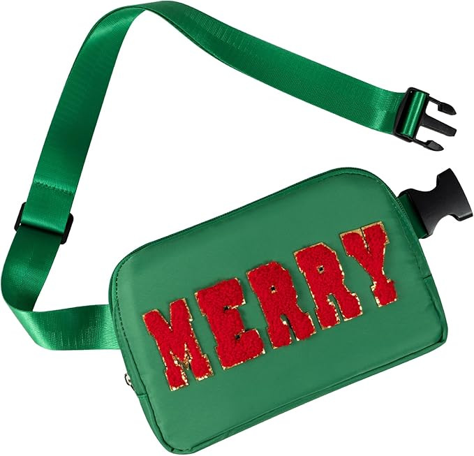 Christmas Merry Crossbody Bag, Holiday Belt Bag Fanny Pack with Embroidered Letter Patch, Red Chr... | Amazon (US)