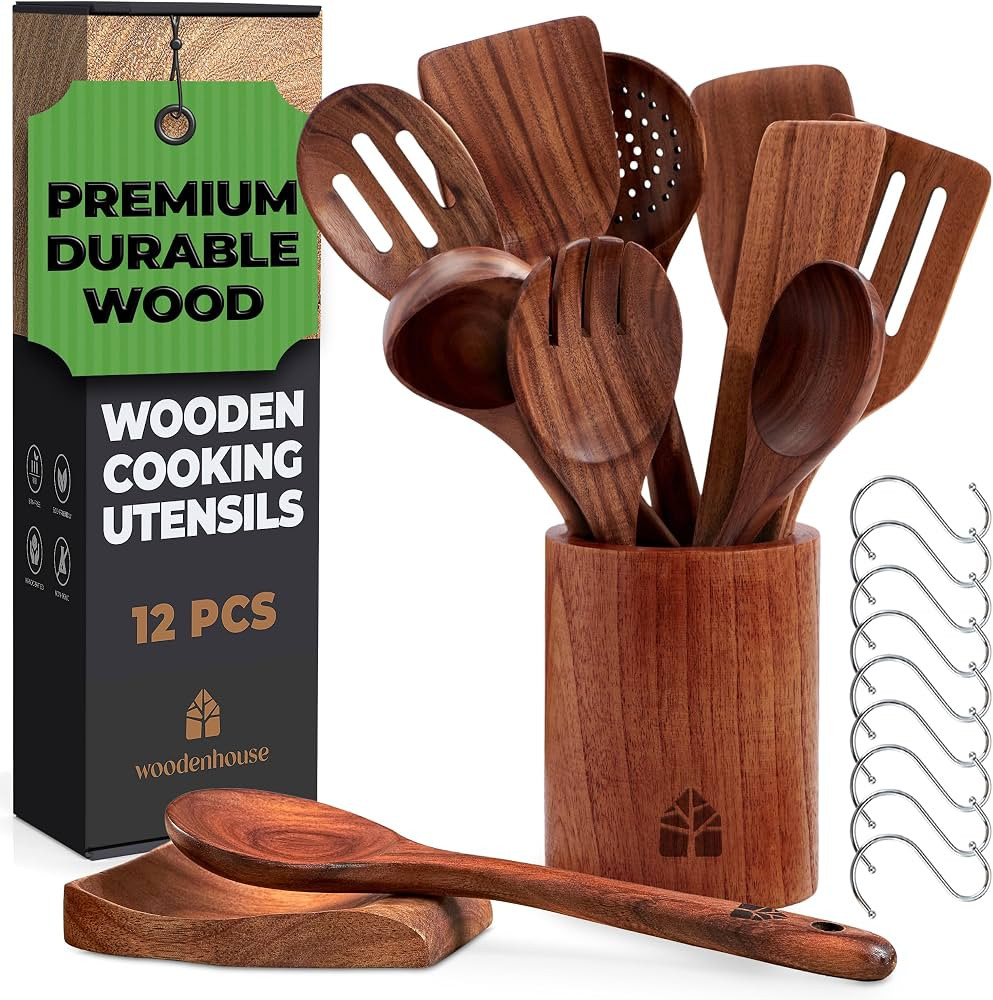 Wooden Spoons for Cooking – Wooden Cooking Utensils Set with Holder, Spoon Rest & Hooks, Teak W... | Amazon (US)