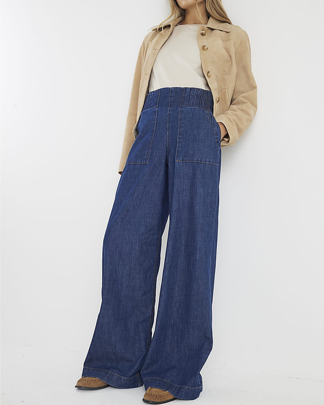 Blue Pull On Wide Leg Jeans | River Island UK & IE