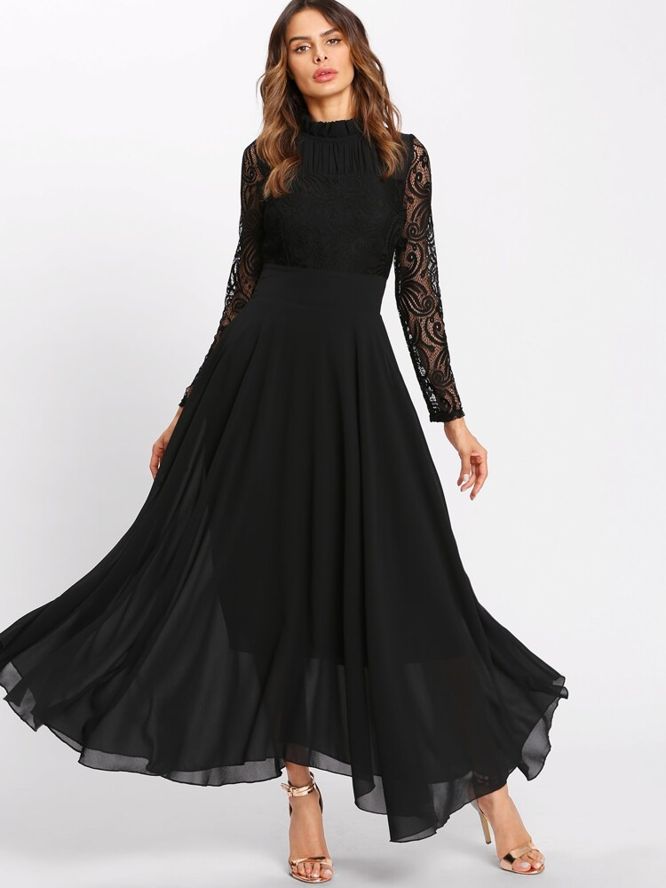 Frill Neck Lace Flowy Maxi Dress | SHEIN