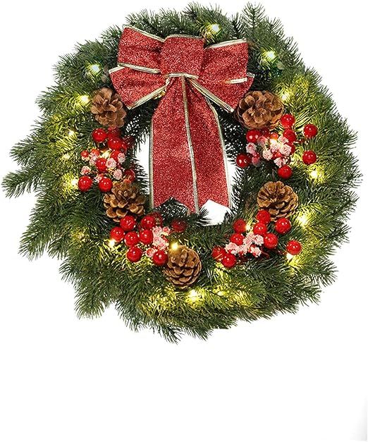 MorTime 16 Inches LED Christmas Wreath with Pinecones Red Berries, Red Bowknot Lighted Christmas ... | Amazon (US)