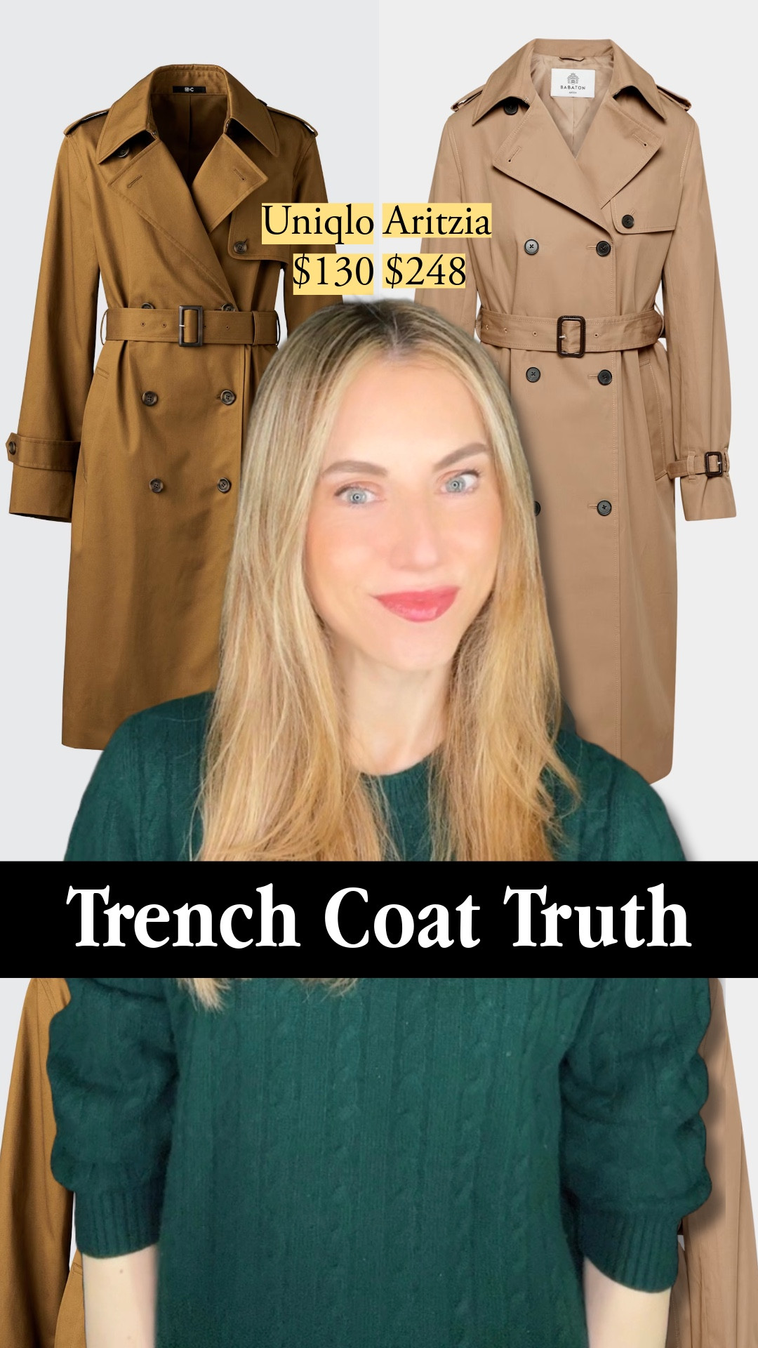 I’m wearing the Uniqlo trench in 34 brown size medium and the Aritzia in Bronze Camel, size small, which is my usual size. 
🧥
Uniqlo leans olive, Aritzia has brick undertones. Both offer beige and black, Aritzia adds navy and olive.

#LTKWorkwear #LTKWatchNow #LTKStyleTip