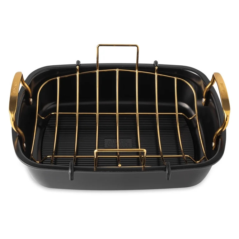 Thyme & Table 17-inch Carbon Steel Non-Stick Roasting Pan with Rack - Black and Gold | Walmart (US)