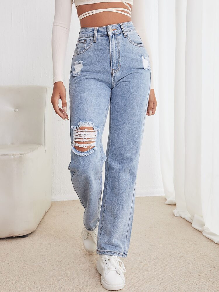 High Waist Straight Leg Ripped Jeans | SHEIN