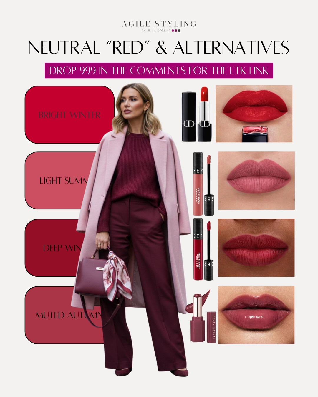 Red Lipstick Picks by Color Analysis 💄✨

Not all reds are created equal.
These shades are selected with Color Analysis in mind — warm, cool, neutral, soft, deep, and bright reds that actually work with your natural coloring.

If red lipstick ever felt “too much” or just not you, it wasn’t red — it was the wrong shade.

Use your palette as a guide, pick the right tone, and red becomes effortless, elegant, and holiday-ready.

✨ Hand-picked reds for different palettes
✨ Easy to shop, easy to wear
✨ No guessing, no wasted money

Find your red.
Wear it with confidence. 💋

#LTKSeasonal #LTKHoliday #LTKGiftGuide