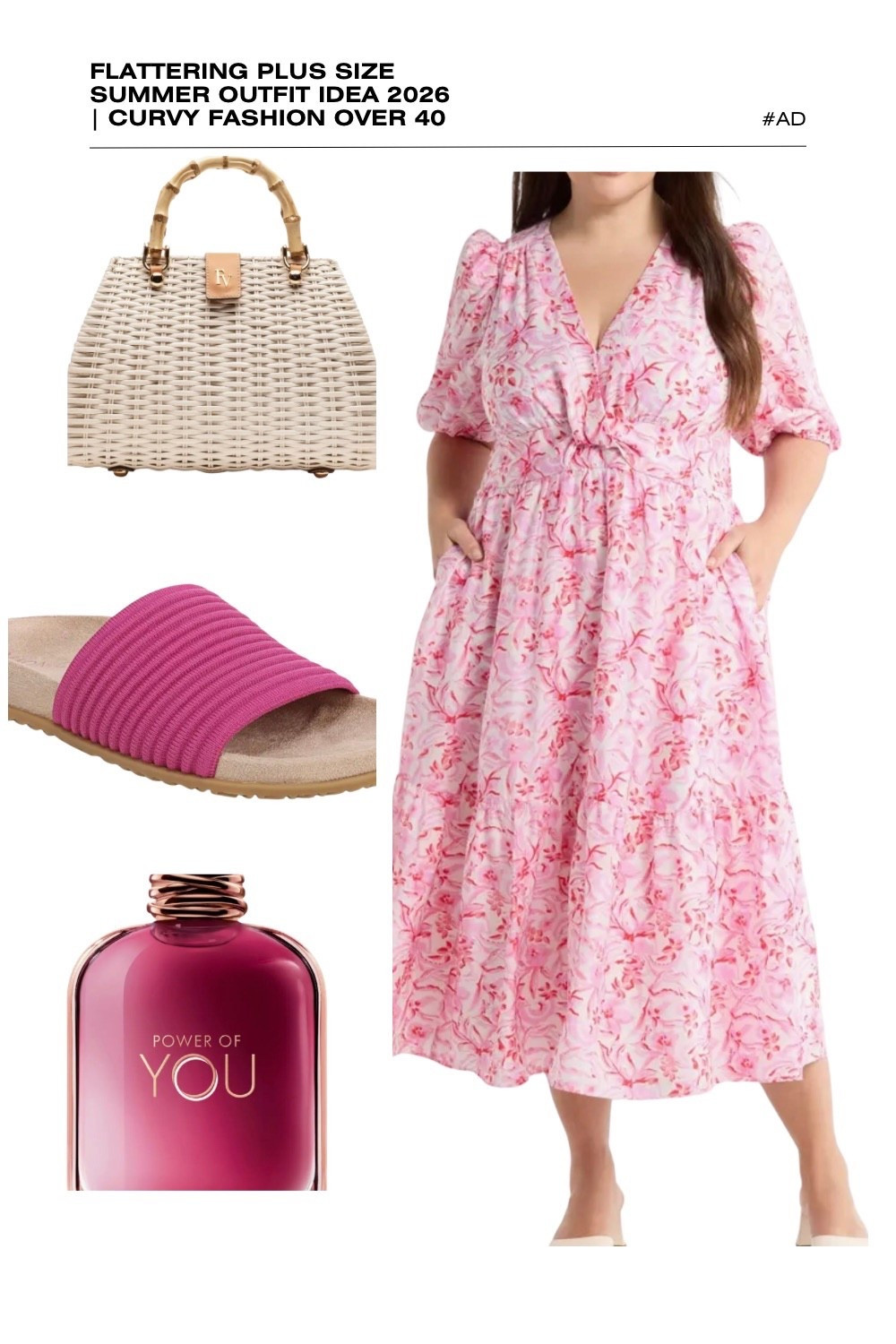 Searching for the perfect pink floral plus size summer outfit for 2026? This flattering twist-front maxi dress is a gorgeous choice for curvy fashion over 40. Featuring puff sleeves, a plunging v-neckline, and a tiered skirt, this dress is designed to define the waist and celebrate your curves.
We’ve styled this vibrant pink midi with a white wicker bamboo handle satchel and comfortable magenta ribbed slide sandals for a bold, monochromatic touch. The look is completed with the empowering scent of Power of You fragrance. Ideal for a summer brunch outfit, garden party, or vacation dinner. #PlusSizeFashion #PinkFloralDress #SummerOutfits2026 #CurvyStyle #Over40Fashion #TwistFrontDress