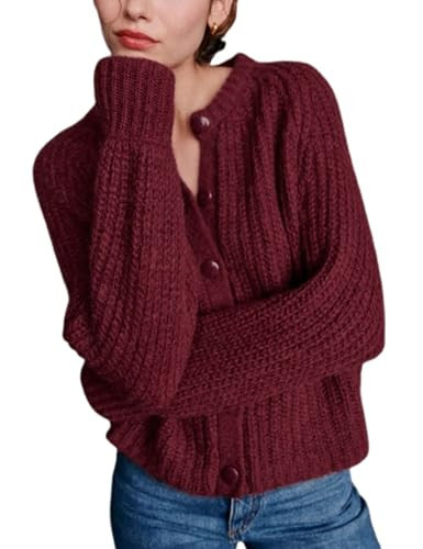 Bianstore Women's Casual Long Sleeve Crewneck Button Down Cardigan Sweater Knit Outwear(Burgundy-S) | Amazon (US)