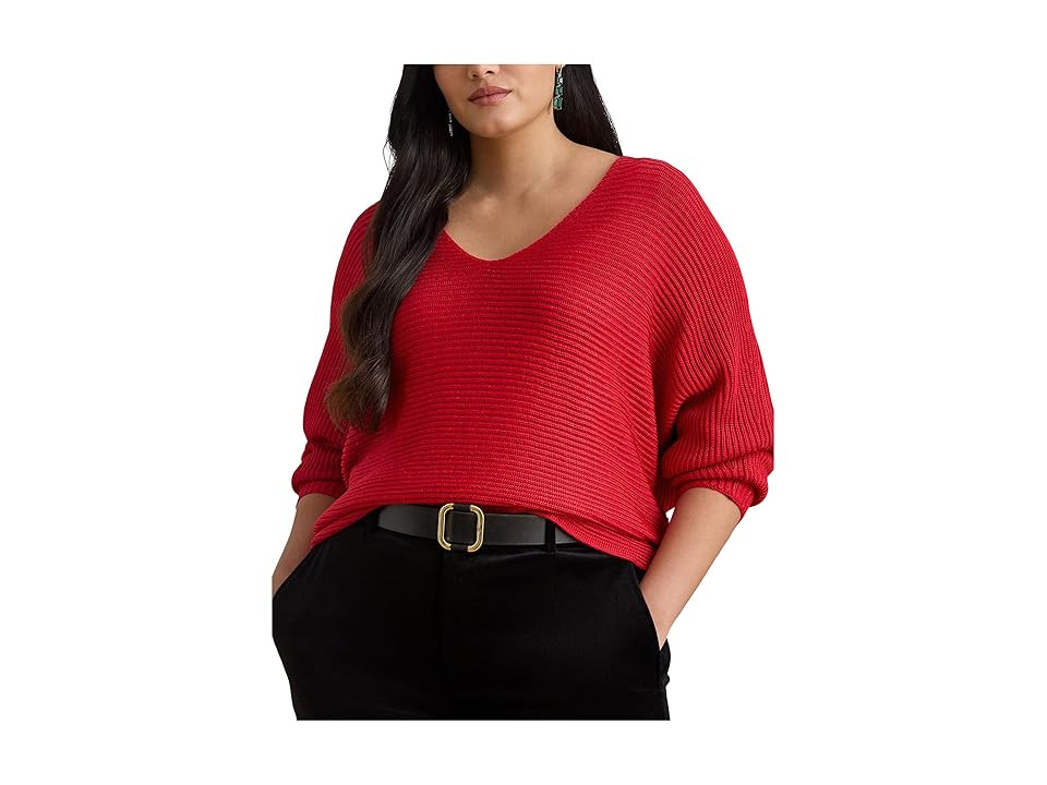 Lauren Ralph Lauren Plus Size Rib-Knit Dolman-Sleeve Sweater Women's Sweater Ralph Red : 3X, Cotton/Viscose | Zappos