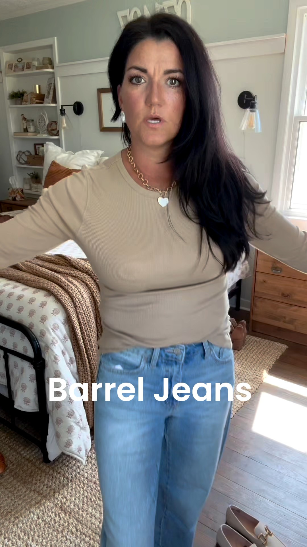 Hi-rise Barrel jeans. I thought I hated this trend. These are mild. Go with your regular size. I’m in a 4. 
Medium in top.

#LTKFindsUnder50 #LTKPetite #LTKStyleTip