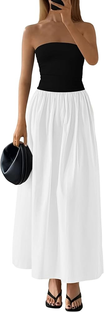 PRETTYGARDEN Women 2026 Summer Elegant Strapless Maxi Dress Tube Top Dress A Line Flowy Long Wedd... | Amazon (US)